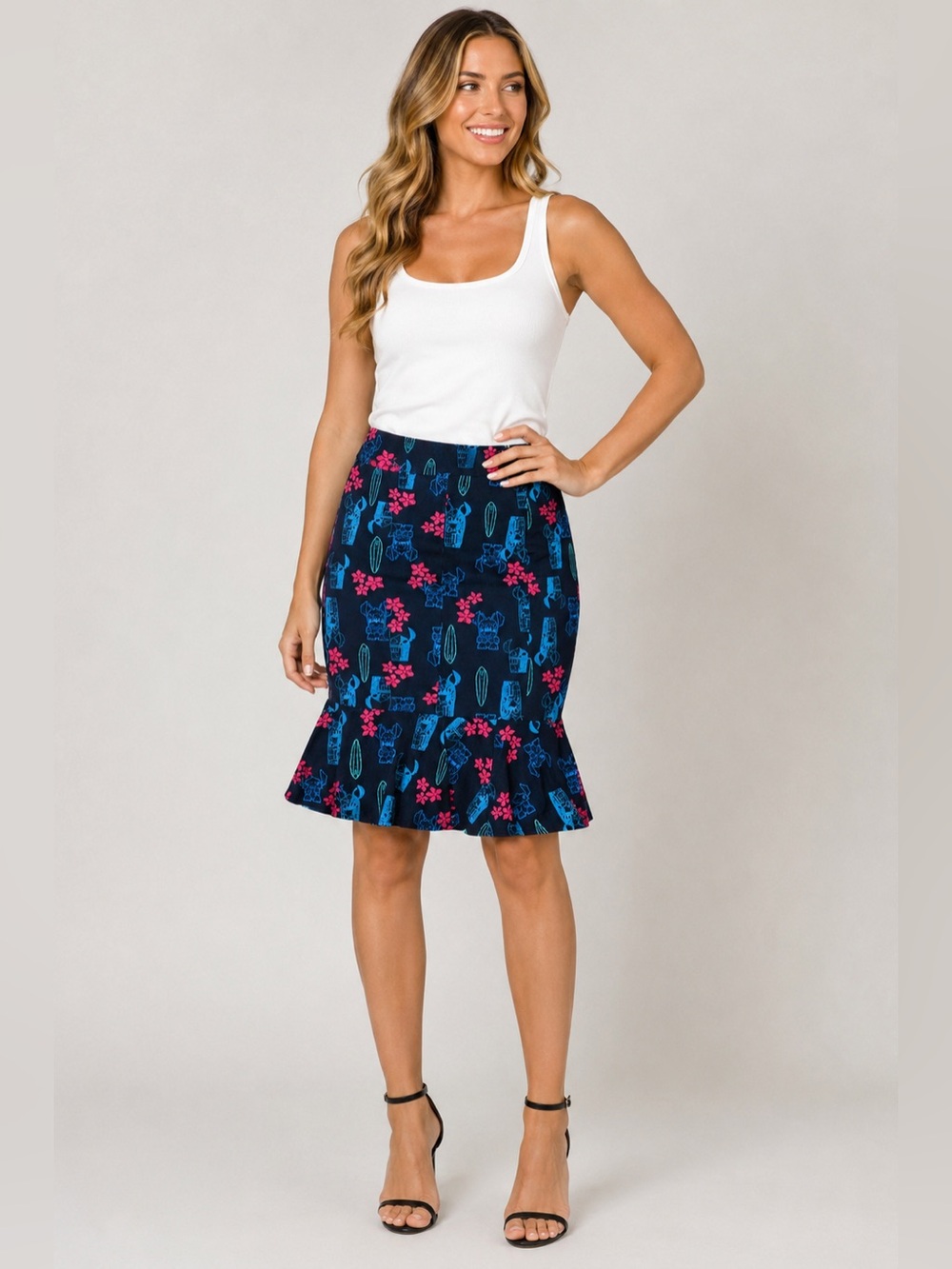 Disney Stitch Tropical Tiki Ruffle Hem Skirt Black Pink Blue Size Large #1119